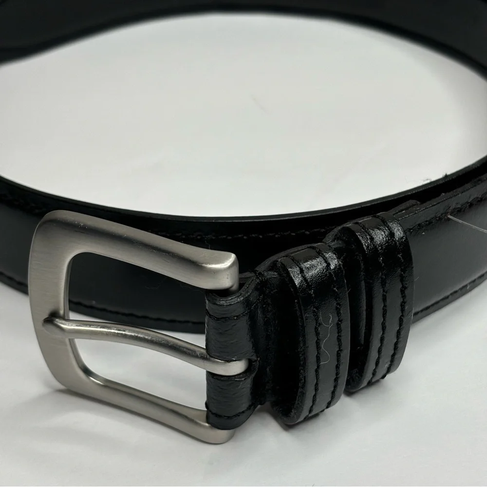 Men’s Black Leather Belt Polished Nickel (Silver/Gray Color) Size 42 / 40” Waist